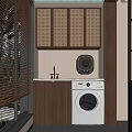 Laundry Room Interior With Wooden Cabinets Bamboo Blinds Sink And White Washing Machine