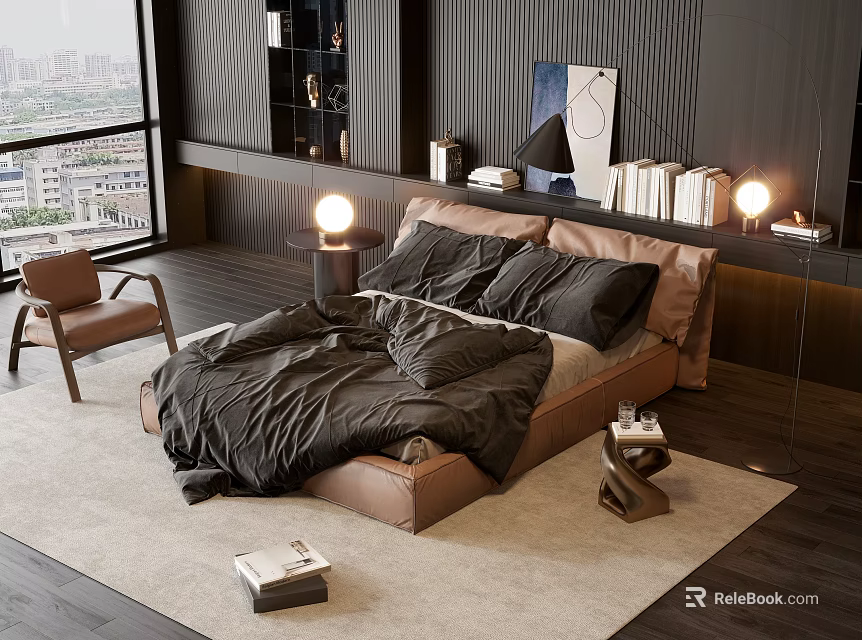 Modern Double Bed With Black Quilt Brown Frame Table Lamps And City View 3d model 