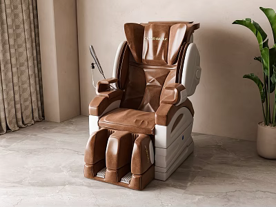 Brown Leather Massage Chair With Modern Ergonomic Design In Comfortable Home Setting With Plant 3d model