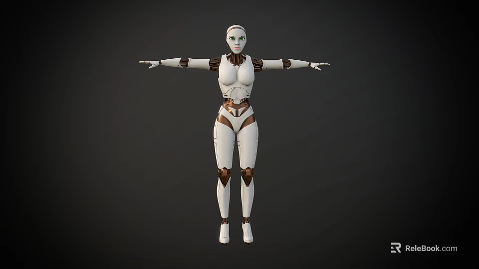 Game and Movie Character Female Robot Standing With White Brown Mechanical Joints Arms Outstretched 3d model 