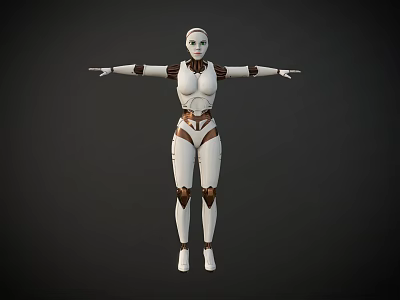 Game and Movie Character Female Robot Standing With White Brown Mechanical Joints Arms Outstretched 3d model