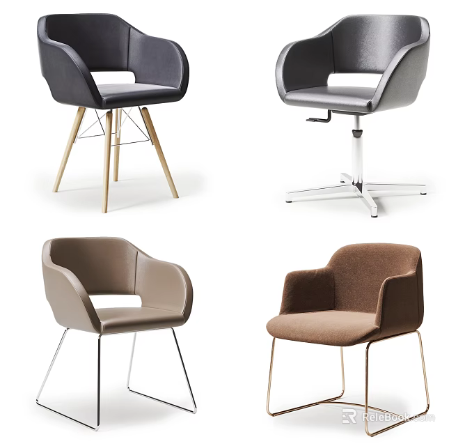 Modern Accent Chairs With Curved Back Design And Metal Wooden Legs In Various Colors 3d model 
