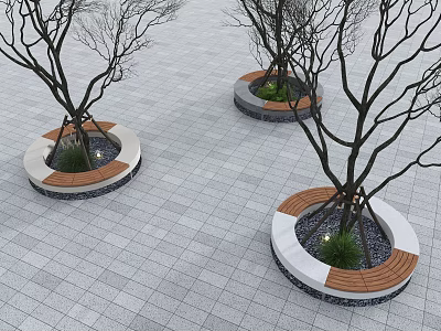 Modern Tree Planters With Wooden Benches Pebbles And Green Plants On Square Tiles 3d model