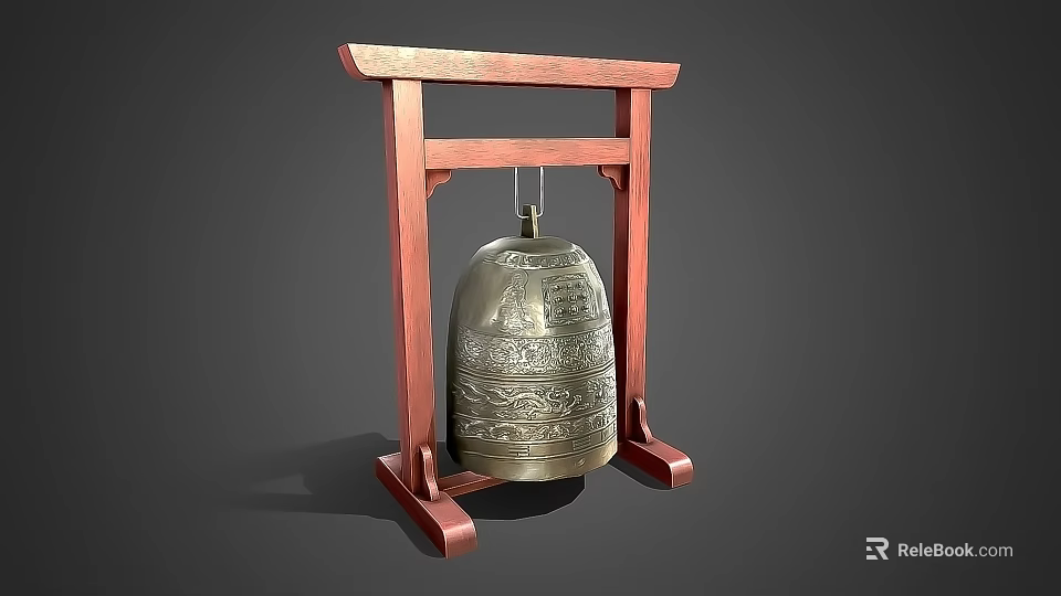 Decorative Ornament Set With Wooden Stand And Bronze Bell Featuring Intricate Carvings 3d model 