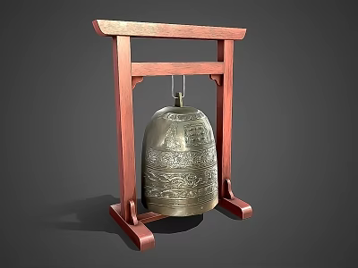 Decorative Ornament Set With Wooden Stand And Bronze Bell Featuring Intricate Carvings 3d model