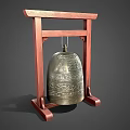 Decorative Ornament Set With Wooden Stand And Bronze Bell Featuring Intricate Carvings