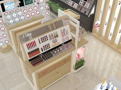 Cosmetics Specialty Store Interior With Organized Display Counters Lipsticks And Skincare Products 3d model