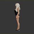 Blonde Woman in Black Bodysuit Standing Against Gray Background with Black High Heels