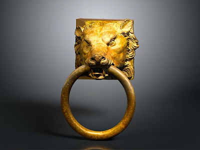 Golden Lion Head Door Knocker With Vintage Metal Ring Design 3d model