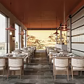 Traditional Chinese Hotpot Restaurant Interior With Wooden Tables Hanging Lamps And Landscape Artwork