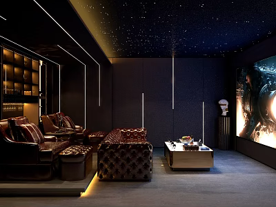Luxury Home Theater Interior With Starry Ceiling Large Projection Screen And Comfortable Leather Sofas 3d model