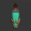 Enchanted Glass Bottle With Green Liquid Golden Decorative Base Red Stopper And Ring