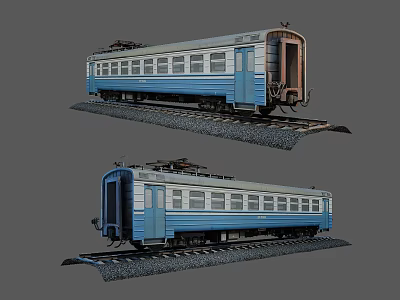 Blue And White Train Car On Railway Track With Side Windows And Doors 3d model