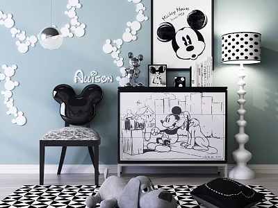 Mickey Themed Entryway Cabinet and Sideboard with Cartoon Pattern Black White Decor 3d model