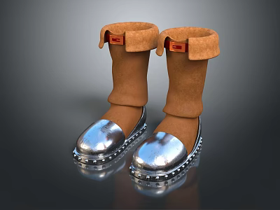 Brown Suede Boots With Cuffed Top Silver Metallic Toe And Red Label Detail 3d model