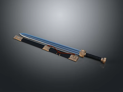 Ancient Warrior Sword With Blue Blade Ornate Golden Scabbard And Decorative Handle 3d model