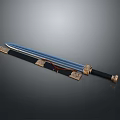 Ancient Warrior Sword With Blue Blade Ornate Golden Scabbard And Decorative Handle