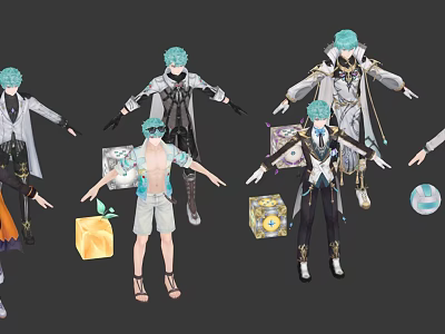 Game Character Design Featuring Teal Hair Multiple Outfits Different Poses And Accessories 3d model