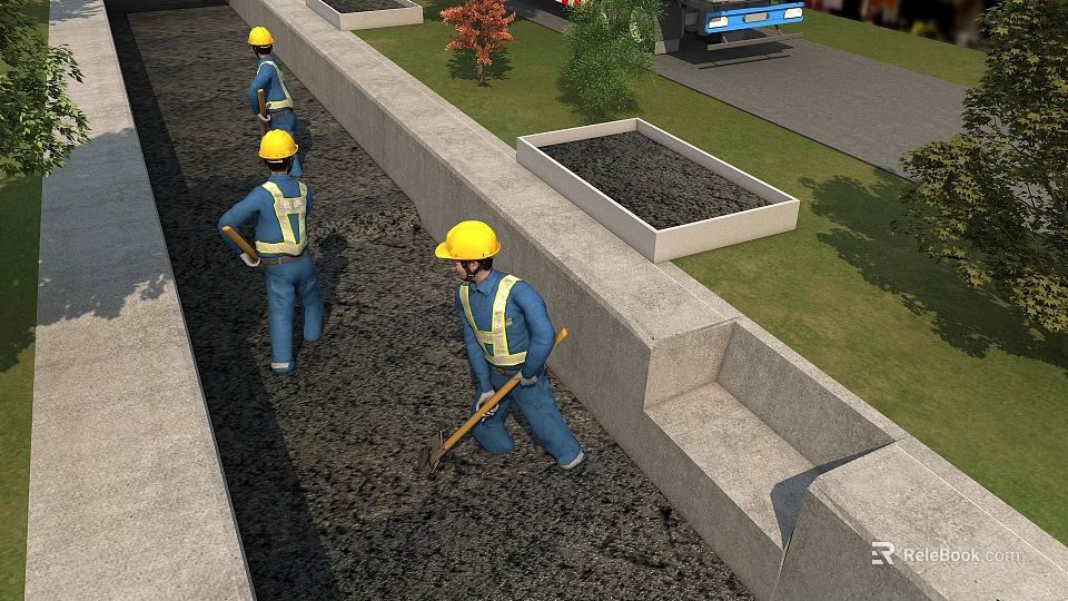Men In Construction Uniforms Working On Road Paving With Shovels 3d model 