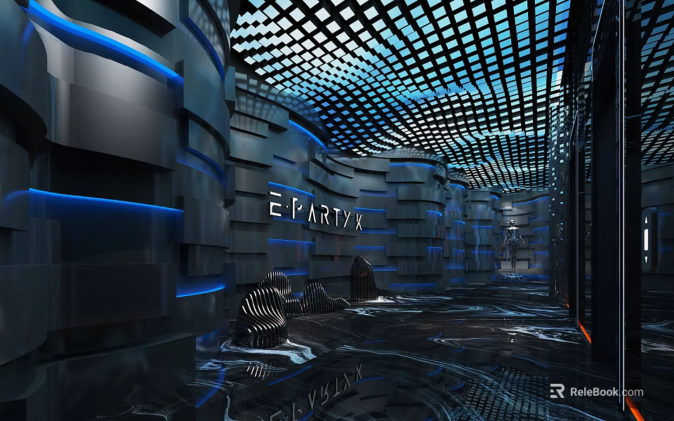 Modern KTV Interior Design With Blue Lighting And Geometric Ceiling Decor 3d model 