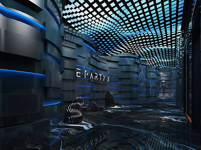 Modern KTV Interior Design With Blue Lighting And Geometric Ceiling Decor 3d model
