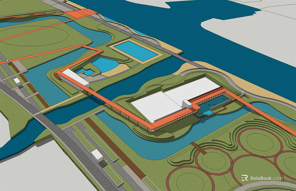 Waterfront Landscape Design Featuring Water Areas Green Spaces And Buildings 3d model 