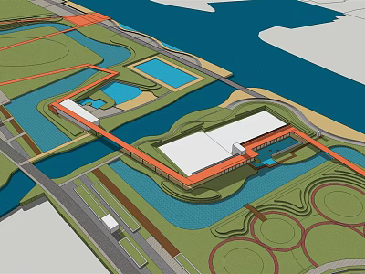 Waterfront Landscape Design Featuring Water Areas Green Spaces And Buildings 3d model