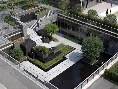 Modern Garden Landscape With Stone Steps Green Plants And Water Features 3d model