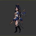 Fantasy Game Character With Blue Bat Wings Golden Horns Navy Uniform And Black Boots