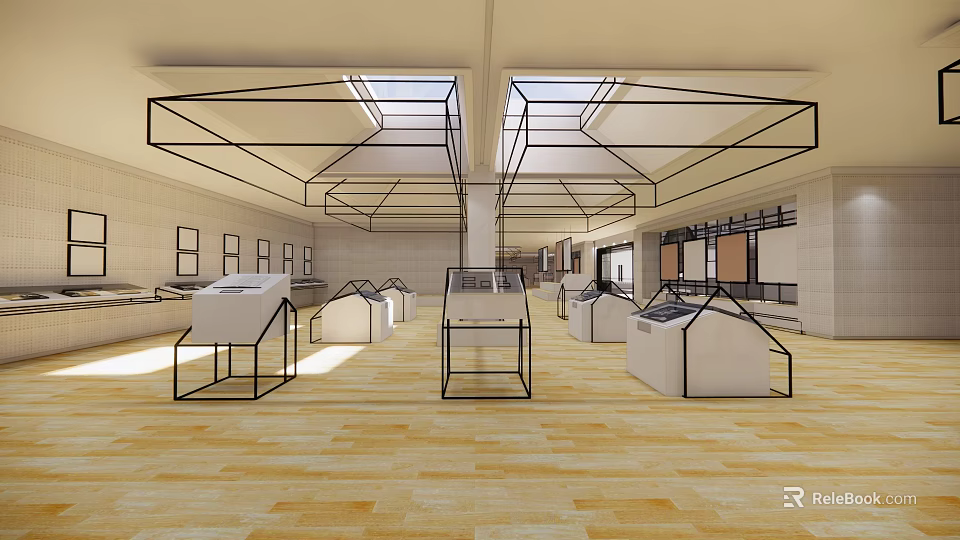 Spacious Exhibition Hall Featuring Glass Display Cases Geometric Ceiling Skylights And Wooden Floor 3d model 