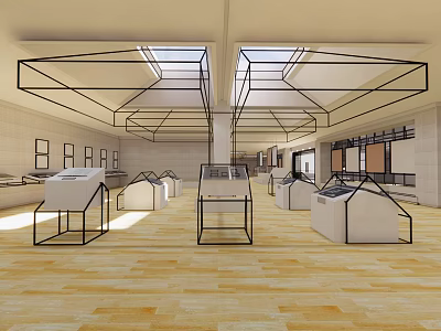 Spacious Exhibition Hall Featuring Glass Display Cases Geometric Ceiling Skylights And Wooden Floor 3d model