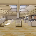 Spacious Exhibition Hall Featuring Glass Display Cases Geometric Ceiling Skylights And Wooden Floor