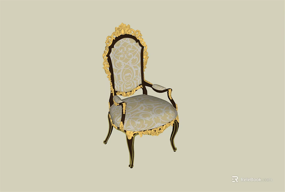 Ornate Classic Dining Chair With Gold Carved Accents And Light Patterned Upholstery 3d model 
