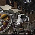 One Piece Themed Bar Interior With Wooden Barrels Chandeliers And Glass Topped Tables