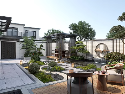 Chinese Style Courtyard Garden With Black Door Green Plants Stone Path And Wooden Deck 3d model