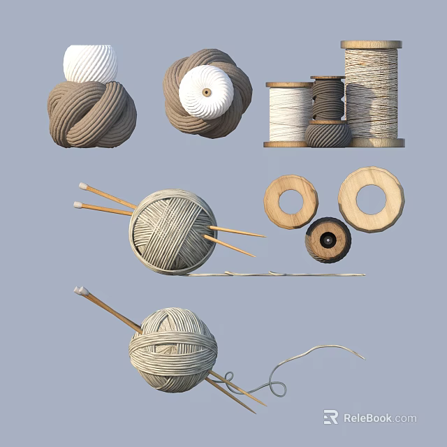 Essential Knitting Supplies Including Yarn Balls Wooden Rings And Knitting Needles 3d model 