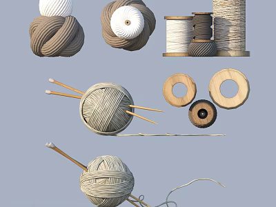 Essential Knitting Supplies Including Yarn Balls Wooden Rings And Knitting Needles 3d model