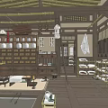 Traditional Japanese Shop Interior with Wooden Shelves Displaying Snacks and Hanging Lanterns