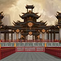 Traditional Ancient Chinese Architecture With Multiple Tiered Roofs Curved Eaves Red Railings And Golden Ornaments