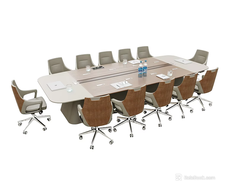 Modern Conference Table In Meeting Room With Rolling Chairs Water Bottles And Documents 3d model 