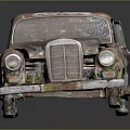 Rusted Vintage Car With Damaged Body And Peeling Paint On Black Reflective Surface