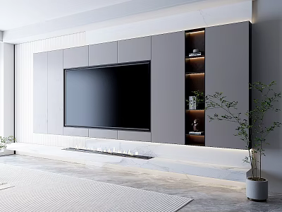 Modern TV Wall Design With Marble Panels Recessed Lighting And Green Plant 3d model