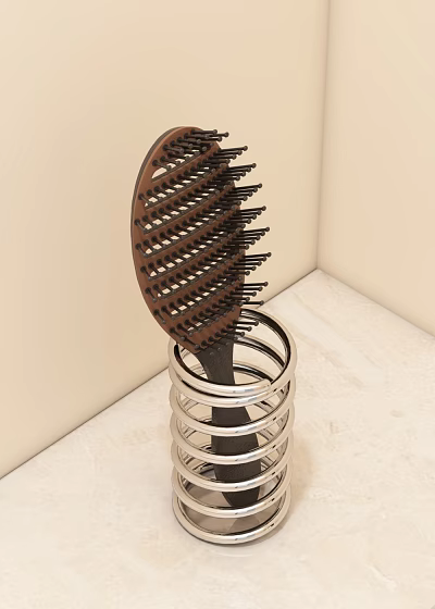 Stylish Wooden Hair Comb For Daily Use With Metal Spring Holder 3d model