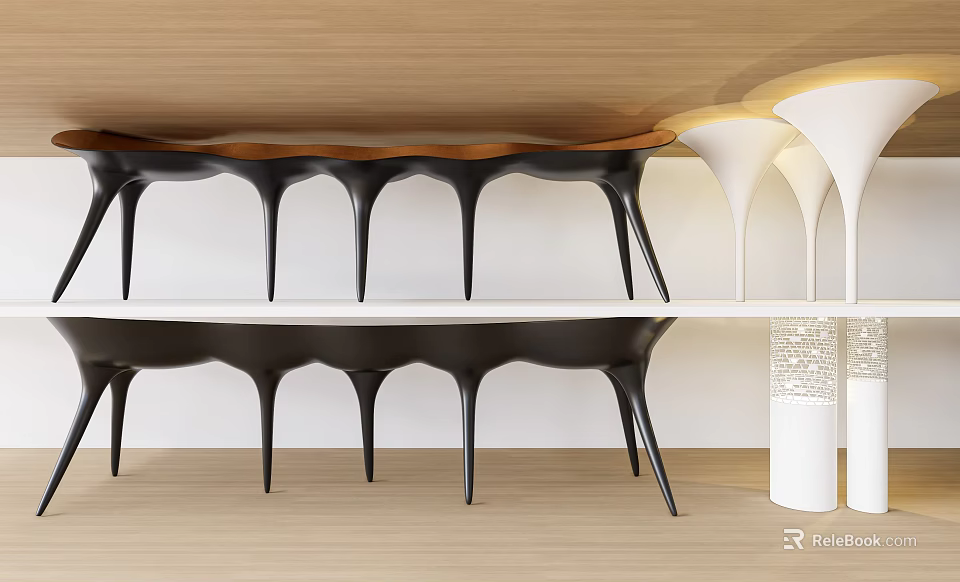 Modern Stylish Pillars With Curved Black Structure And Wooden Table Interior Design 3d model 