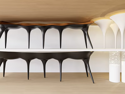 Modern Stylish Pillars With Curved Black Structure And Wooden Table Interior Design 3d model