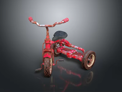 Vintage Red Rusty Tricycle With Old Style Design Black Seat And Three Wheels 3d model
