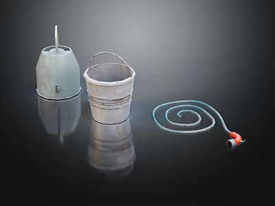 Metal Buckets And Coiled Hose With Red Nozzle On Black Surface 3d model