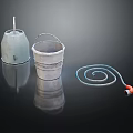 Metal Buckets And Coiled Hose With Red Nozzle On Black Surface