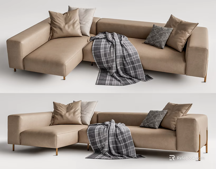 Beige L shaped Sectional Sofa with Plaid Blanket and Decorative Pillows in Modern Living Room 3d model 