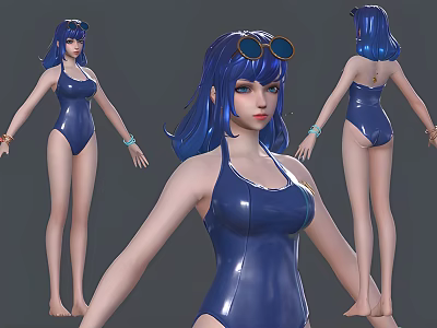 Game and Movie Character With Blue Hair Blue Bodysuit And Sunglasses 3d model